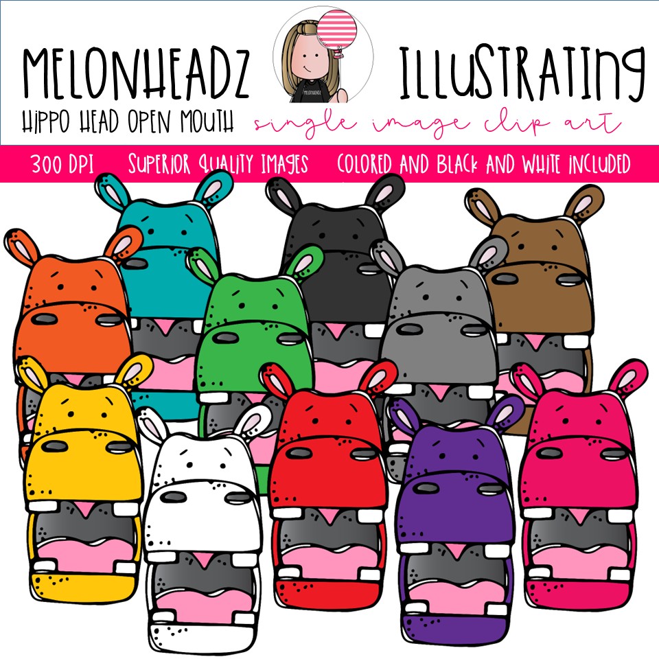 Hippo Head clip art, Open Mouth, multicolored, mix & match Single Image