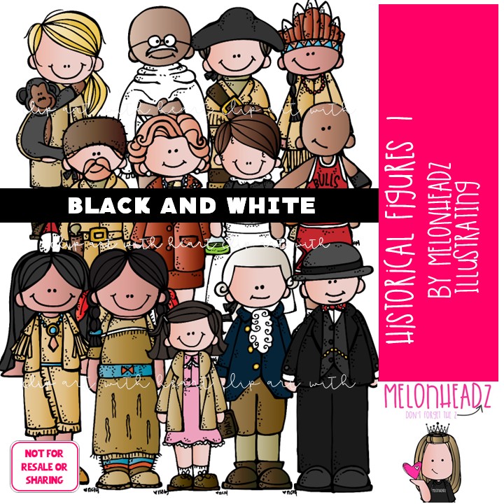 Historical Figures 1 clip art, Anne Frank, Ghandi BLACK AND WHITE