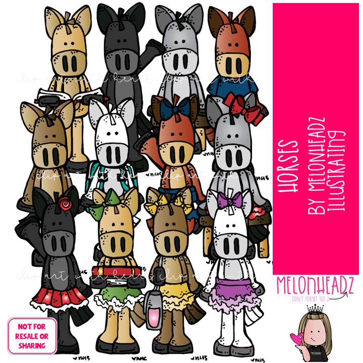 Horses clip art, standing, pony COLORED Version