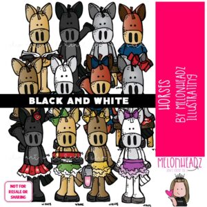 Horses clip art, standing, pony BLACK AND WHITE