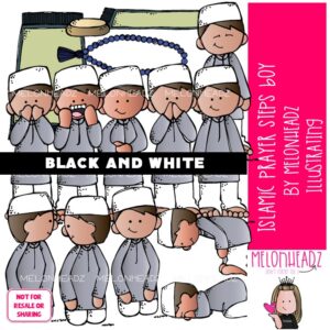 Islamic Prayer Steps clip art, Boy, sequence BLACK AND WHITE