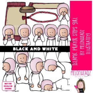 Islamic Prayer Steps clip art, Girl, sequence BLACK AND WHITE