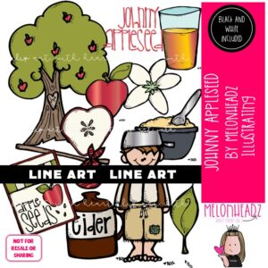 Johnny Appleseed clip art, Historical Figure, tall tale LINE ART and BLACK AND WHITE