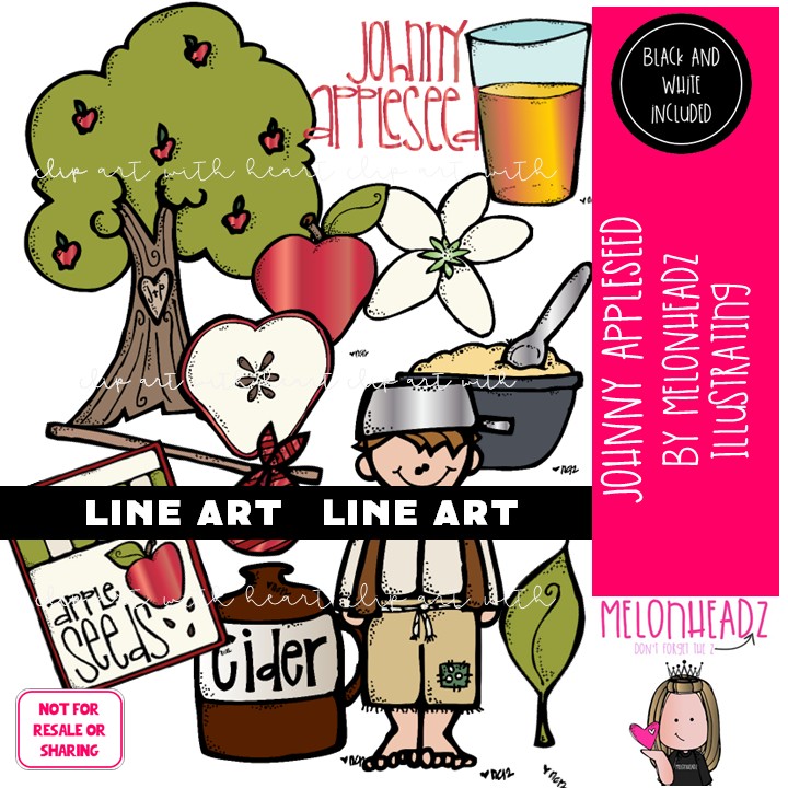 Johnny Appleseed clip art, Historical Figure, tall tale LINE ART and BLACK AND WHITE