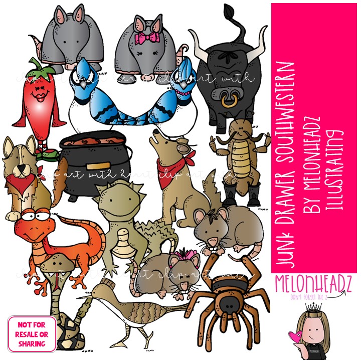 Junk Drawer clip art, Southwestern, desert animals COLORED Version