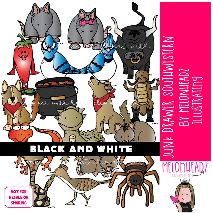 Junk Drawer clip art, Southwestern, desert animals BLACK AND WHITE