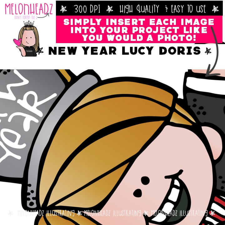 New Year clip art, Lucy Doris clip art, Melonheadz Character COMBO PACK - Image 3