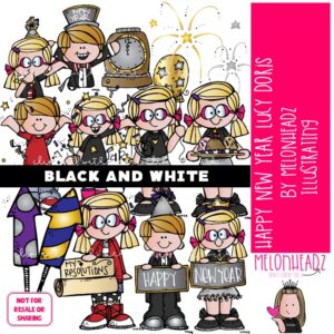 New Year clip art, Lucy Doris clip art, Melonheadz Character BLACK AND WHITE
