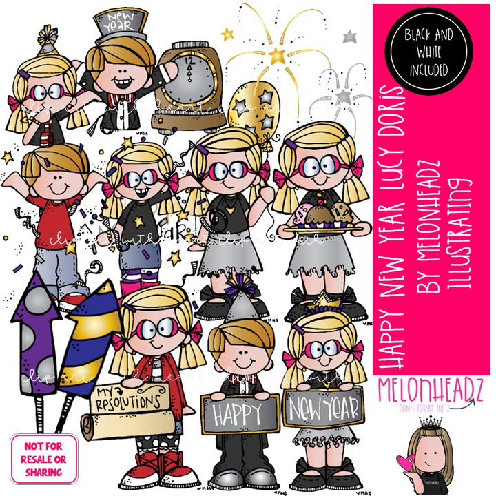 New Year clip art, Lucy Doris clip art, Melonheadz Character COMBO PACK