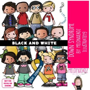 Down Syndrome clip art, differently abled BLACK AND WHITE