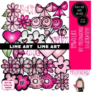 Embellies clip art, embellishments, bee, flower LINE ART and Black and White