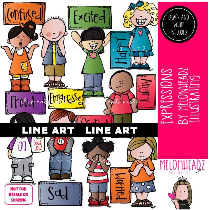 Expressions clip art Emotions clip art Feelings clip art LINE ART and BLACK AND WHITE