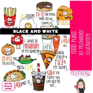 Food Puns clip art, word art, pizza BLACK AND WHITE