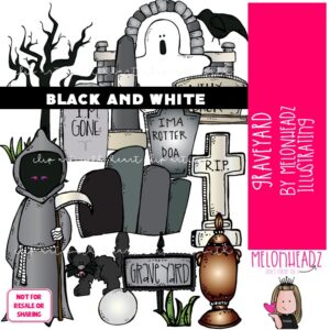 Graveyard clip art, Grim Reaper, Halloween BLACK AND WHITE