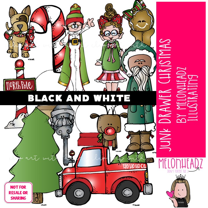 Junk Drawer clip art, Christmas clip art BLACK AND WHITE