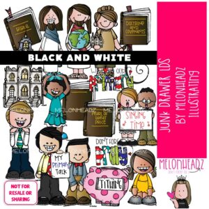Junk Drawer clip art, LDS, temple, primary BLACK AND WHITE