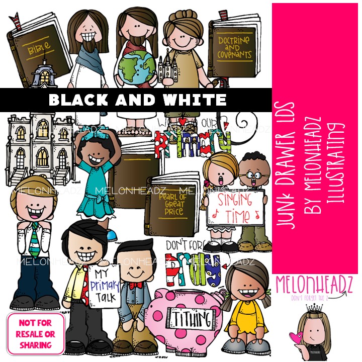 Junk Drawer clip art, LDS, temple, primary BLACK AND WHITE