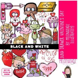 Valentine's Day clip art, junk drawer clip art BLACK AND WHITE