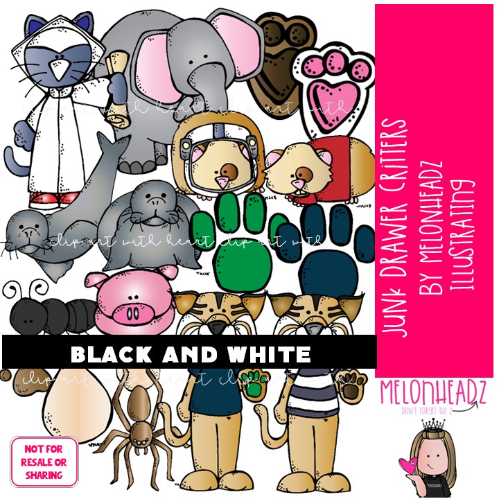 Junk Drawer clip art, Critters, animals, paw prints BLACK AND WHITE