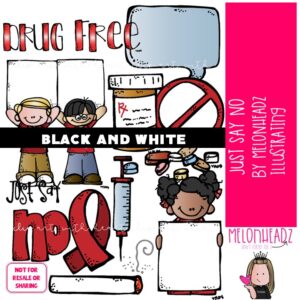 Just Say No clip art, drug awareness, red ribbon BLACK AND WHITE
