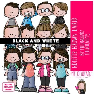 Kidlettes clip art, Brown Hair, kids BLACK AND WHITE
