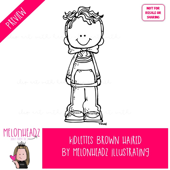 Kidlettes clip art, Brown Hair, kids BLACK AND WHITE - Image 2