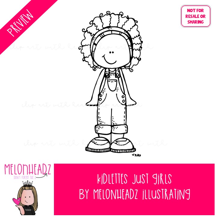 Kidlettes clip art, Just Girls, female BLACK AND WHITE - Image 2
