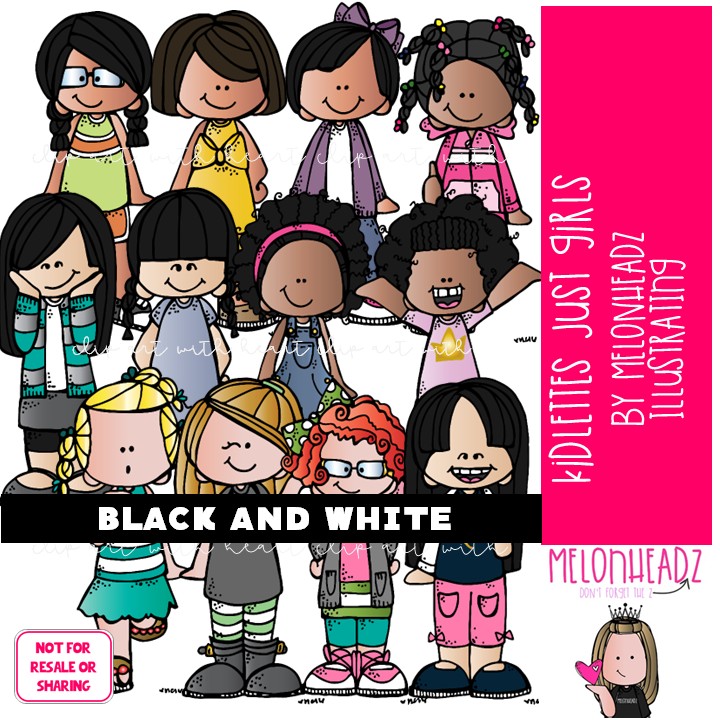 Kidlettes clip art, Just Girls, female BLACK AND WHITE