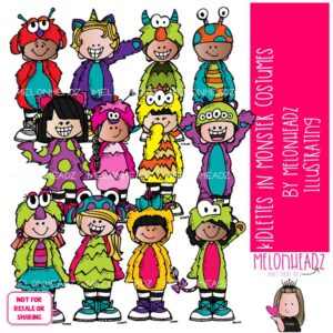 Kidlettes in Monster Costumes clip art, Halloween clip art, Monsters clip art COLORED Version