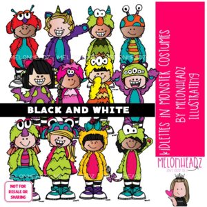 Kidlettes in Monster Costumes clip art, Halloween clip art, Monsters clip art BLACK AND WHITE