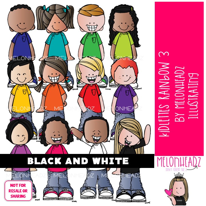 Kidlettes in Rainbow colors clip art 3 BLACK AND WHITE