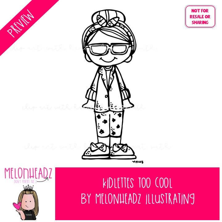 Kidlettes clip art, Too Cool, sunglasses, trendy BLACK AND WHITE - Image 2