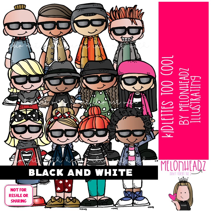 Kidlettes clip art, Too Cool, sunglasses, trendy BLACK AND WHITE