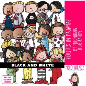 Kidlettes in pajamas clip art, bedtime BLACK AND WHITE