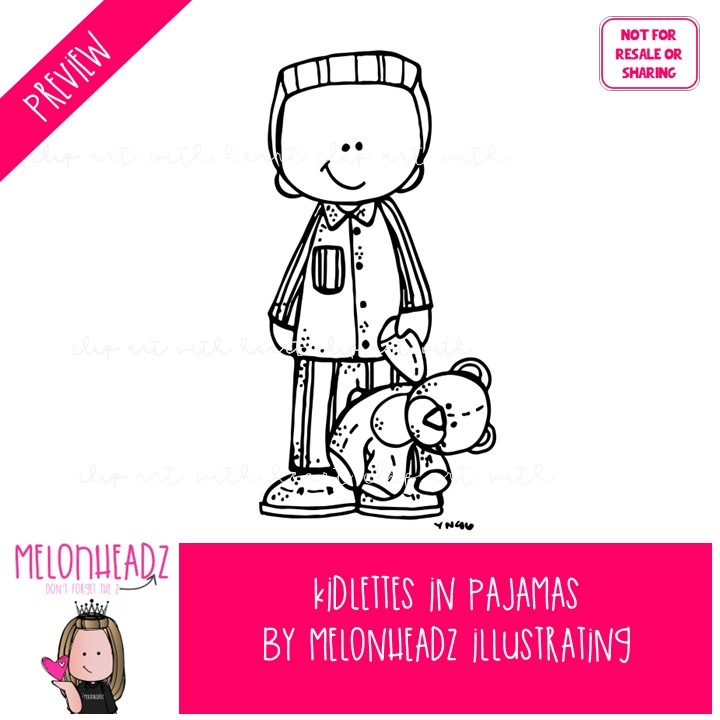 Kidlettes in pajamas clip art, bedtime BLACK AND WHITE - Image 2