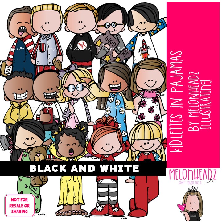 Kidlettes in pajamas clip art, bedtime BLACK AND WHITE