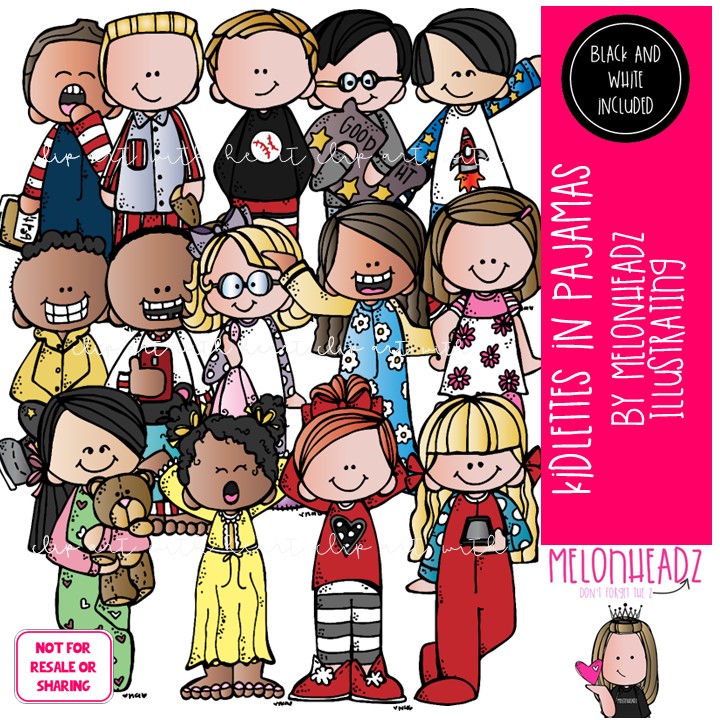 Kidlettes in pajamas clip art, bedtime COMBO PACK