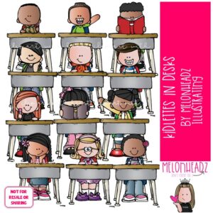 Kidlettes in Desks clip art, school, classroom COLORED Version