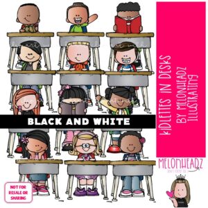 Kidlettes in desks clip art, school, classroom BLACK AND WHITE