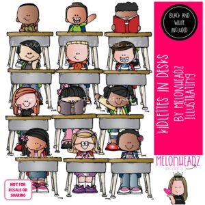 Kidlettes in desks clip art, school, classroom COMBO PACK