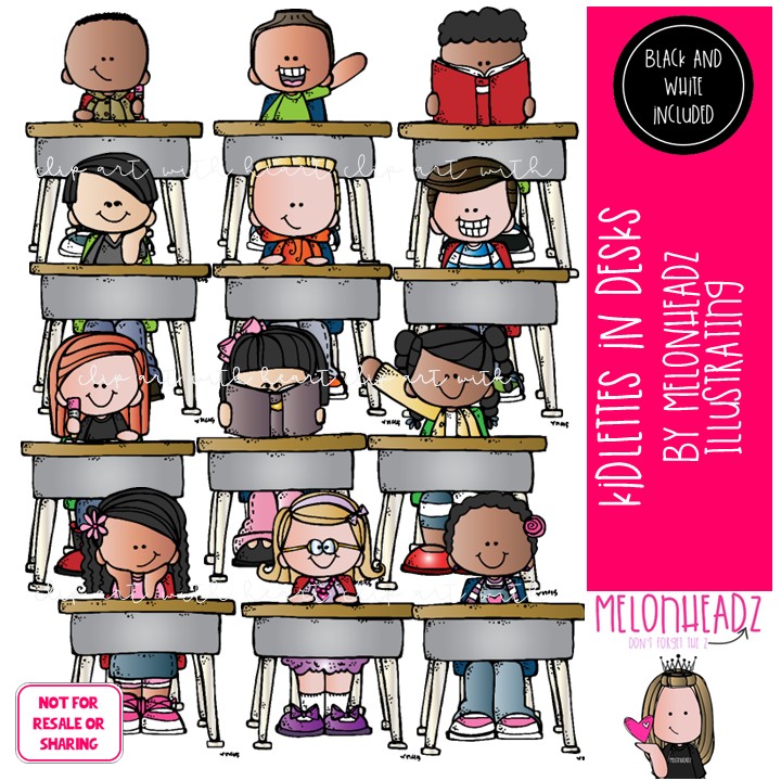 Kidlettes in desks clip art, school, classroom COMBO PACK