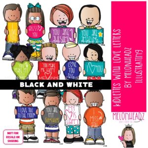 Kidlettes with Love Letters clip art, Affirmations clip art BLACK AND WHITE