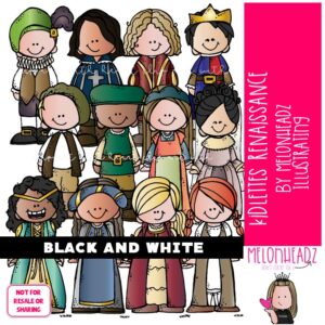 Kidlettes clip art, Renaissance, ladies in waiting BLACK AND WHITE
