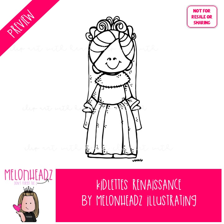 Kidlettes clip art, Renaissance, ladies in waiting BLACK AND WHITE - Image 2
