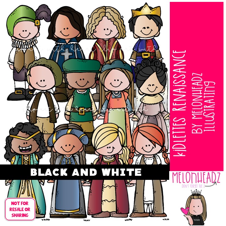 Kidlettes clip art, Renaissance, ladies in waiting BLACK AND WHITE