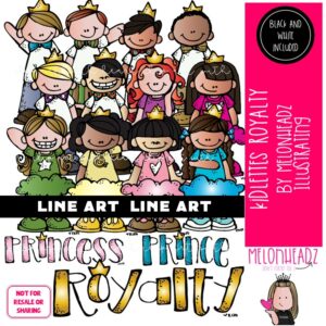 Kidlettes clip art, Royalty, princess, prince, crown LINE ART and BW