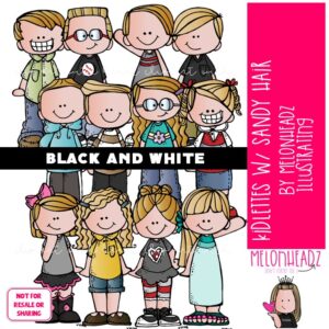 Kidlettes clip art, Sandy Hair, dirty blonde BLACK AND WHITE