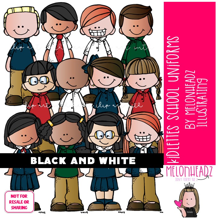 Kidlettes School Uniforms clip art, dress code BLACK AND WHITE