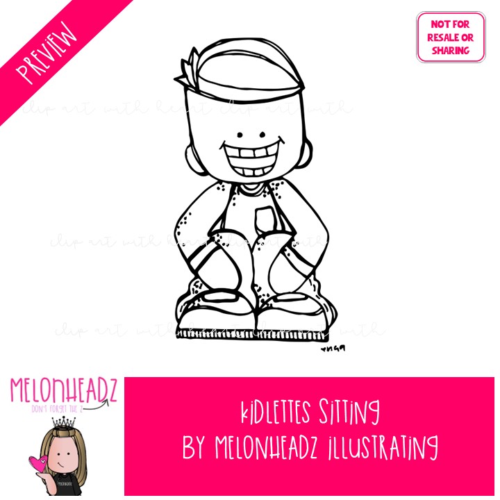 Kidlettes clip art, Sitting, criss cross BLACK AND WHITE - Image 2
