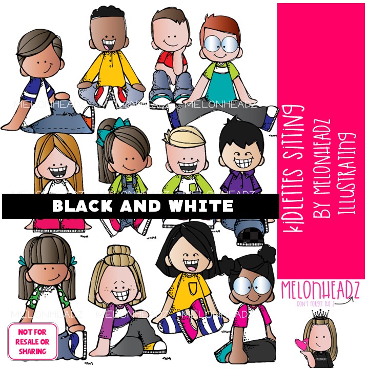 Kidlettes clip art, Sitting, criss cross BLACK AND WHITE